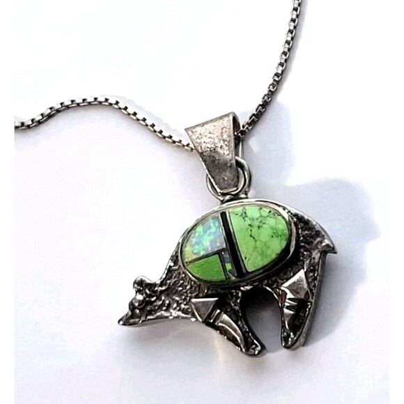 Vintage Native American Navajo Zuni Bear Fire Opal Inlaid Gaspeite Jet Inlay - Picture 2 of 5